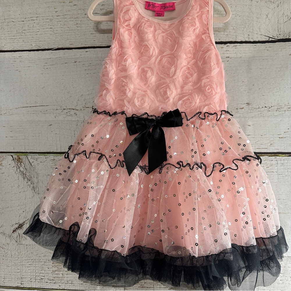 BETSEY JOHNSON 4T Blush Pink and Black Sequined Tulle Multi Layered Dress